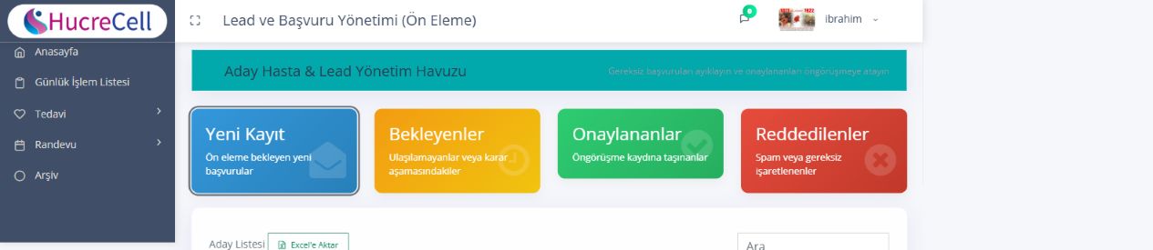 HücreCell aday hasta lead ekranı